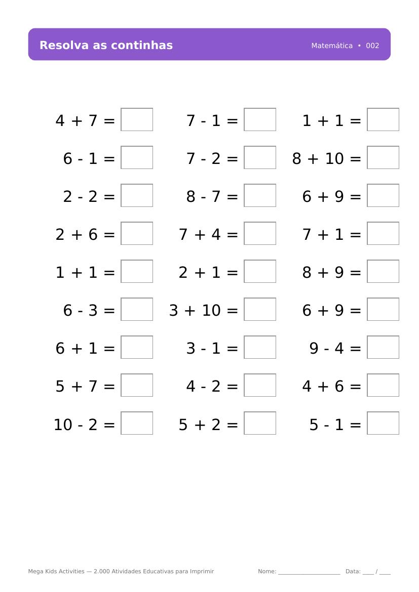 Página real de atividade de matemática do kit