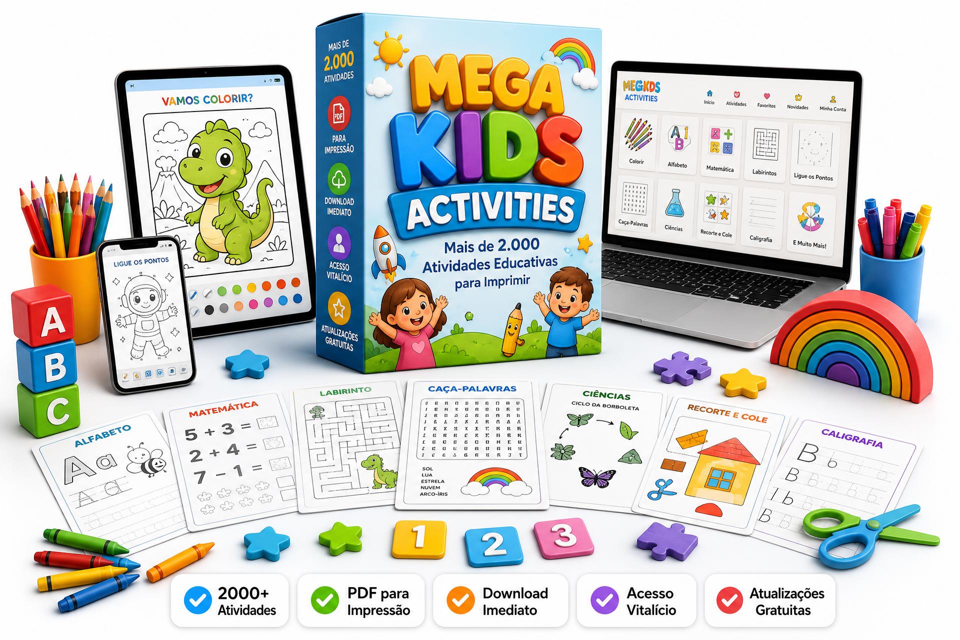 Mockup do Kit Mega Kids Activities com caixa, tablet, notebook e folhas de atividades